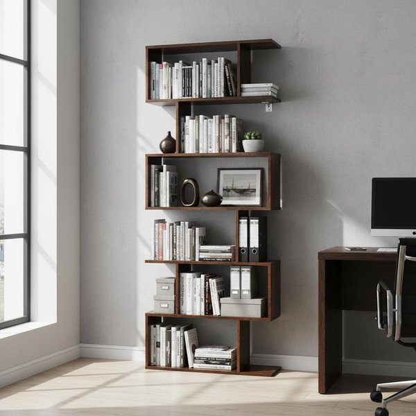 Étagère à 6 niveaux en forme de S, rangement ouvert, séparateur de présentation, anti-basculement, bibliothèque en bois d'ingénierie épais pour salon, bureau, salle d'étude
