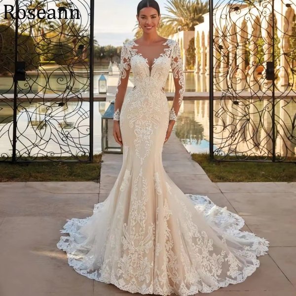 Robe De mariée sirène De luxe, style Boho, col rond, personnalisée, classique, avec des Appliques en dentelle, manches longues, 2026