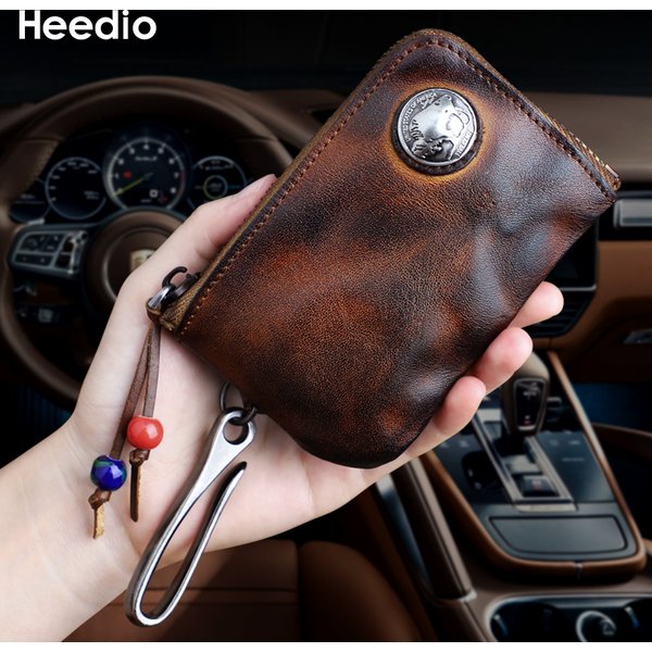 Vintage-Geldbörse aus Rindsleder für Herren, handgefertigt, echtes Leder, Kleingeldbeutel, Schlüsselhalter, Kartensteckplatz, Aufbewahrungstasche mit Reißverschluss