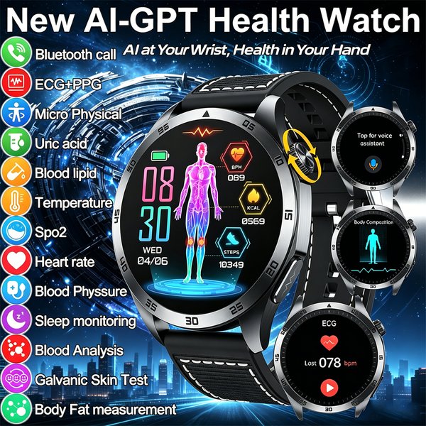 ECG+PPG Gesundheits-Smartwatch für Männer Blutsauerstoff-Harnsäure-Blutdruckmessung HD Bluetooth-Anruf AI-Uhr für iOS Android