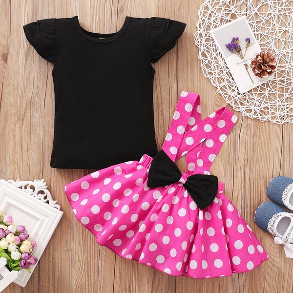 1-3Y Kleinkind Baby Mädchen Nette Kleid Set Kid Kostüme Kurzarm Schwarz T-shirt + Polka Dot Rock Urlaub Partei outfit