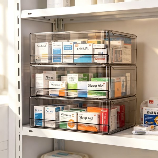 Boîte de rangement pour pilules en acrylique gris à tiroirs coulissants, organisateur de médicaments empilable pour usage sur comptoir et dans les armoires