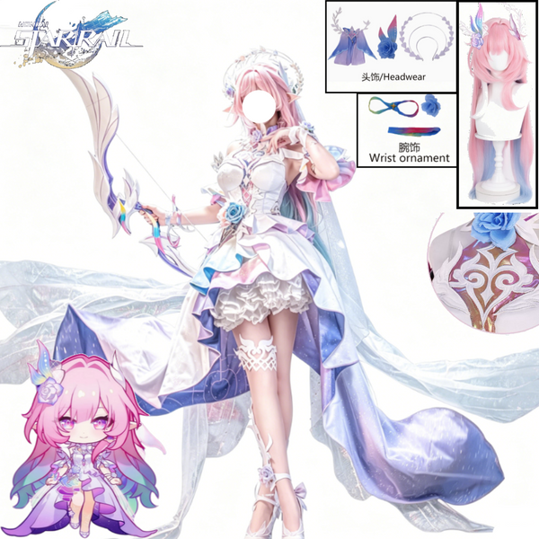En stock - Honkai: Star Rail Cyrene Cosplay - Ensemble complet - Robe de fée dégradée rose cristal Aeon avec perruque pour costumes d'Halloween