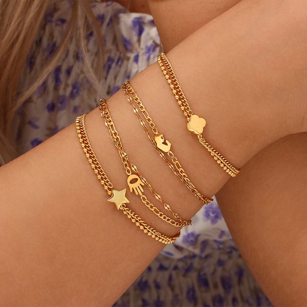 E.B.belle Dropshipping Wholesale Stainless Steel Double Layer 18K Gold Plated Bracelets For Women Flower Love Heart Bracelet
