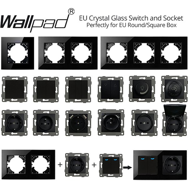 Pavé mural en verre cristal noir pur, bricolage ue, 1 ou 2 gangs, bouton-poussoir croisé, interrupteur de rideau, données USB Cat6, prise française pour boîte ronde