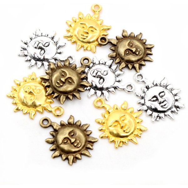 Breloques en bronze plaqué or et argent antique, pendentif soleil fait à la main, résultats de bijoux de bricolage pour bracelet et collier, 21x17mm, 15 pièces