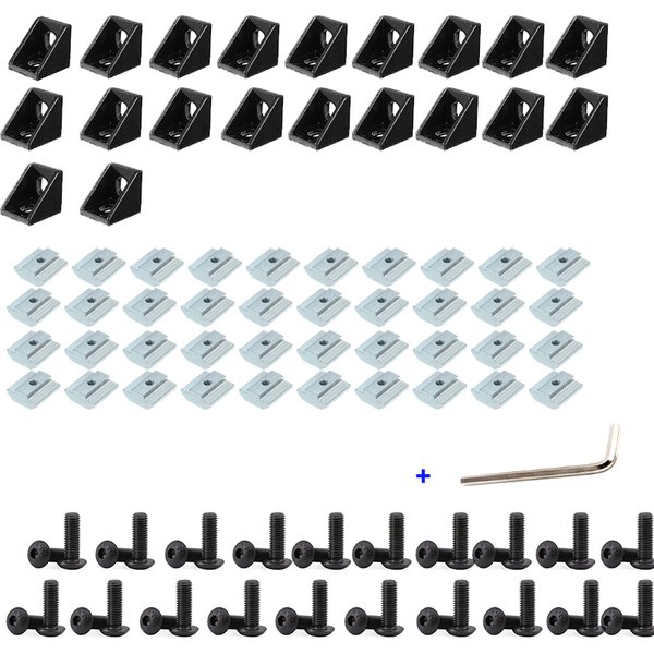 2020 Aluminium-Profil-Verbindungsset, 20 Stück Eckwinkel + 40 Stück M5 x 8 mm Innensechskantkappe + 40 Stück M5-T-Nuttern der Serie 20