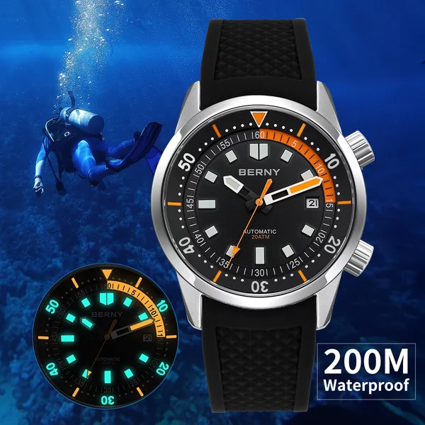BERNY montres de plongée pour hommes 200M étanche Super lumineux automatique mécanique montre de plongée 42mm saphir natation plongée montre-bracelet