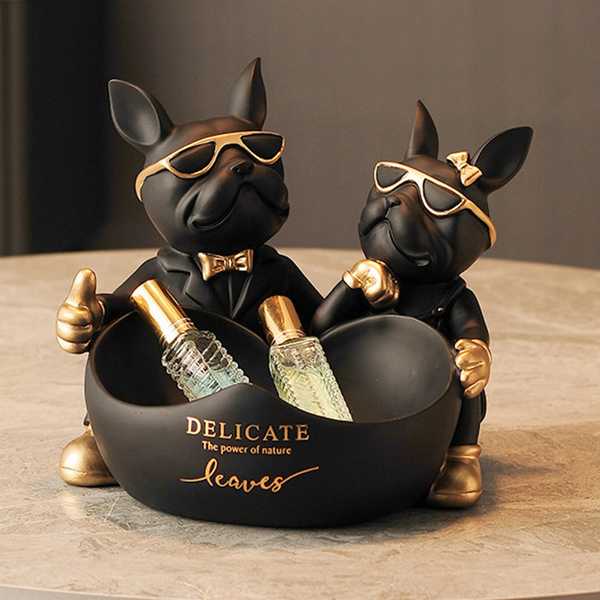 Statue de bouledogue d'amoureux avec bol, boîte de rangement pour clés, bijoux, Figurine de bouledogue français, décoration de maison en résine, décoration de Table, sulpture
