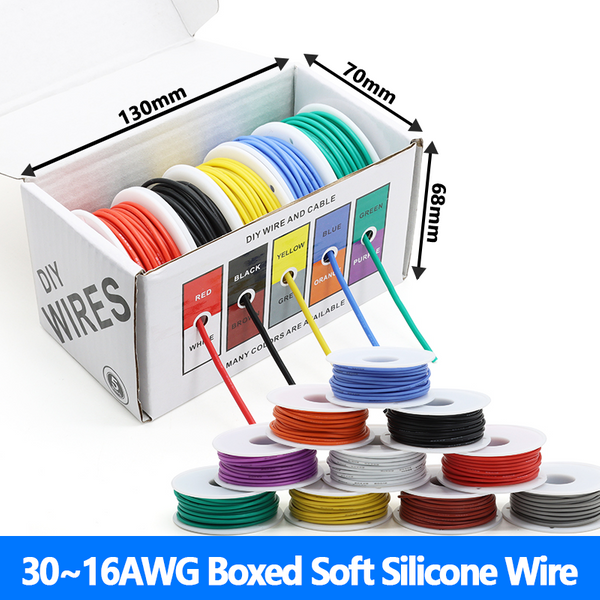 Kit de fils en silicone 5 couleurs en boîte 30 28 26 24 22 20 18 16 AWG Câble électrique en cuivre étamé flexible résistant à la chaleur