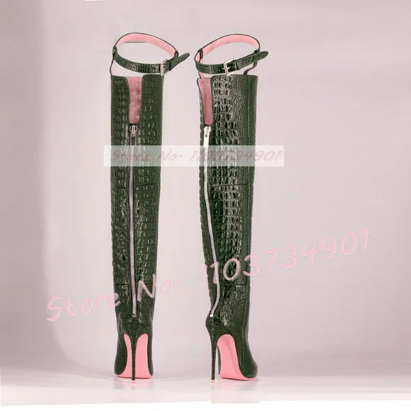 Alligator Oberschenkel Riemen Stiefel Frauen rosa Sohle zurück Reiß verschluss spitzen High Heels Schuhe Damen sexy schlanke Mode großen Schritt Stiefel