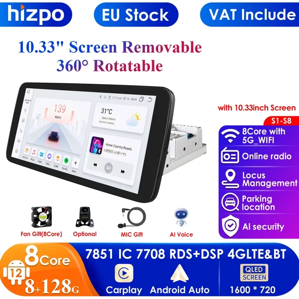 10.33 ''360 ° obrotowy 1 Din AutoRadio GPS do uniwersalnego samochodowy odtwarzacz multimedialny Stereo 1DIN wideo Autoradio Carplay 4G jednostka główna