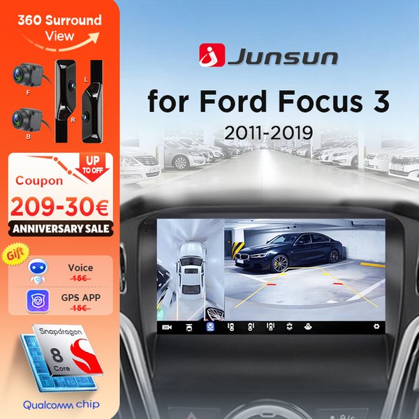 Junsun 360 ° Panorama-Kamera-Autoradio für Ford Focus 3 MK3 2011-2019, kabelloses CarPlay, Bildschirm, Android Auto, Stereo, GPS, RDS, Navi