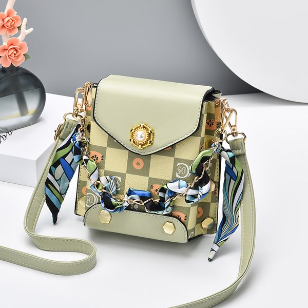 Mini Studded Decor Crossbody Bag, Women's Plaid Pattern Crossbody Bag, Faux Pearl Handle Flap Purse