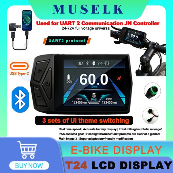 Écran d'affichage LCD pour vélo électrique T24, 24V-72V SM/WP pour contrôleur de protocole de communication UART 2