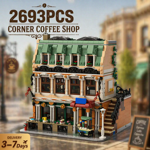 2693 pièces Blocs de construction de café d'angle, Architecture de magasin urbain, Modèle d'assemblage modulaire MOC, Kit de briques, Ornement de maison, Jouets créatifs, Cadeaux pour adultes