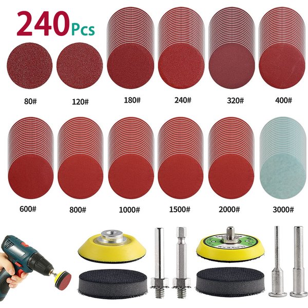 240 pièces 2 pouces 50mm disques de ponçage tampons ensemble 80-3000 grain abrasif tampon de polissage Kit pour Dremel outil rotatif papiers de verre accessoires