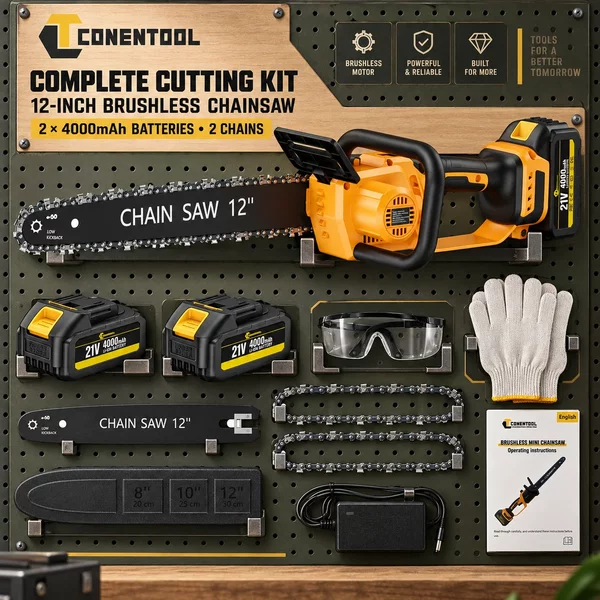 CONENTOOL Komplettes Gartenschneid-Set, 12-Zoll 21V bürstenlose Akku-Kettensäge mit 1000W Maximalleistung, 5600 U/min, 2 x 4000mAh Akkus, 2 Ketten, automatische Ölung, Sicherheitsbremse und
