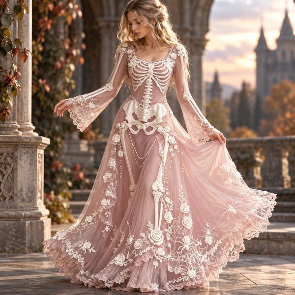 Schlankes, langes Kleid mit langen Ärmeln, langem Schnitt, auffälligem Street-Style, Halloween-Motiv, tiefem Ausschnitt, plissiertem Rock, normalen Ärmel, dunklem Stil, für den Herbst.