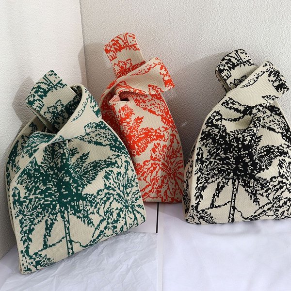Handgefertigte Mini-Strickhandtasche für Damen, kleine Knoten-Handgelenktasche, lässig, bunt, kariert, Einkaufstasche, Mädchen, wiederverwendbare Einkaufstaschen