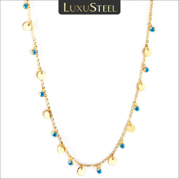 LUXUSTEEL Edelstahl Runde Münze Blau Evil Eye Anhänger Halsketten Kragen Für Frauen Trendy Mode Halsband Hochzeit Großhandel