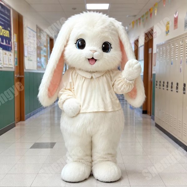 Costume de Mascotte Lapin Blanc à Longue Fourrure, Tenue de Dessin Animé pour Adultes, Idéal pour Halloween, Noël, Spectacles et Performances Scéniques