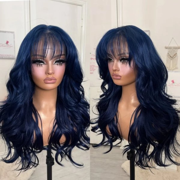 Perruque à frange avec dentelle sur le devant, ondulation naturelle, couleur bleu foncé, modèle 13x4 HD, pour femmes, fibre synthétique de qualité supérieure, résistante à la chaleur, sans colle,