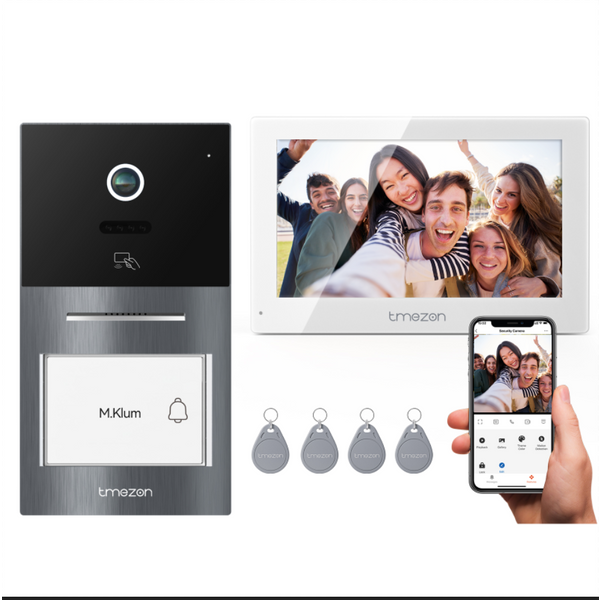 TMEZON 2-Draht-WLAN-Video-Türklingel, Video-Türsprechanlage, 7-Zoll-IP-Touchscreen, 1080P-Metall-Türklingel mit Kamera, Bewegungserkennung, Entriegelung per App/RFID-Karte