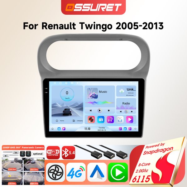 8-Kern Android Autoradio für Renault Twingo 2005-2013 mit Wireless Carplay, Auto-GPS, Multimedia, 6115 Touchscreen und 360°-Kamera