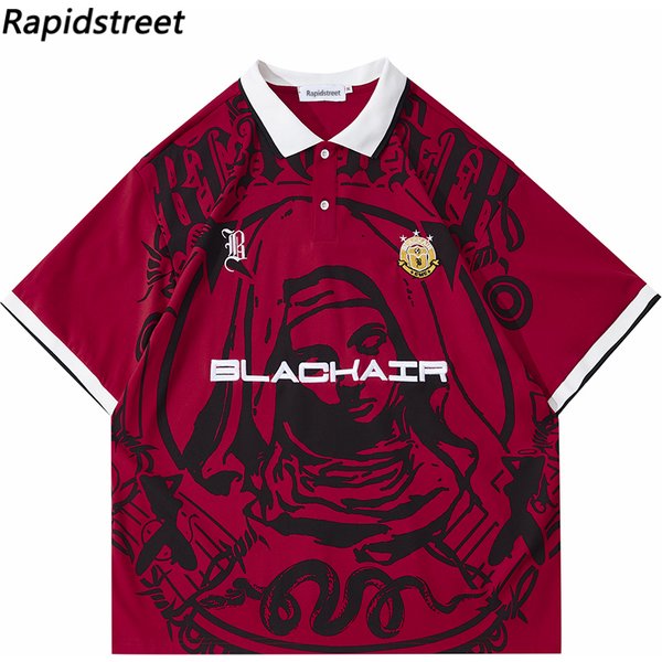 Hip Hop Streetwear Polo T-Shirt Jungfrau Maria Grafik T Shirt Männer Polo Shirt Kurzarm Harajuku Baumwolle Tops Tees Rot Grau