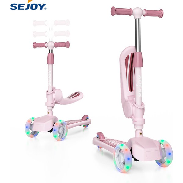 Tretroller für Kinder mit dreirädrigen LED-Leuchten, verstellbarer Lean-to-Steer-Lenker, klappbarer Sitz, Sit- oder Stand-Fahrt, für 3–8 Jahre