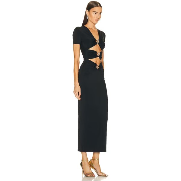 Robes mi-longues sexy avec boutons en métal pour femmes, bandage serré, col en V, manches courtes, fête de célébrité, mode élégante, été 2023