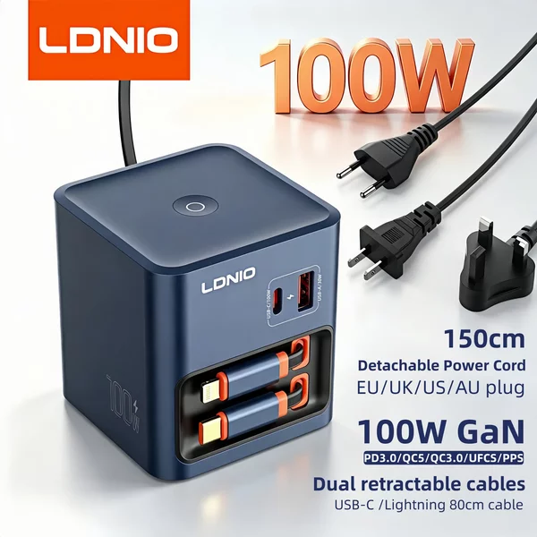 LDNIO 100W GaN USB C Ladegerät mit Integriertem Kabel, Stecker EU US AU UK, PD3.0 PPS QC5 Schnellladegerät für Laptop MacBook iPhone Samsung