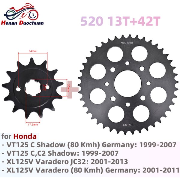 520 13T 42T Front Rear Sprocket Kit for Honda VT125 Shadow XL125V Varadero 6 Spline 17.5x20mm 7.8mm Heat Treated Black 45 Steel