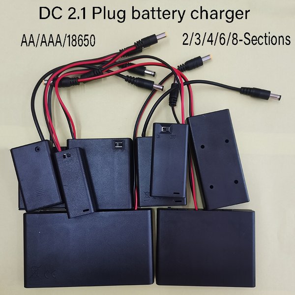 1 Stück 5,5x2,1 DC-Stecker Ladeetui Tragbare AA/AAA/18650 Batterieladebox Halter für 2/3/4/6/8 Akkus mit Deckel und Schalter