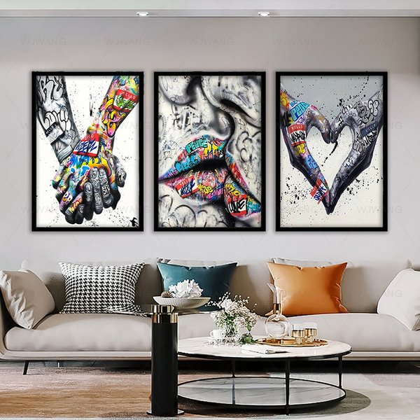 Banksy Love and Kissing Art, cadeau pour amoureux, peinture sur toile Graffiti coloré, affiches d'art murales Pop imprimées, décoration de salon et de maison