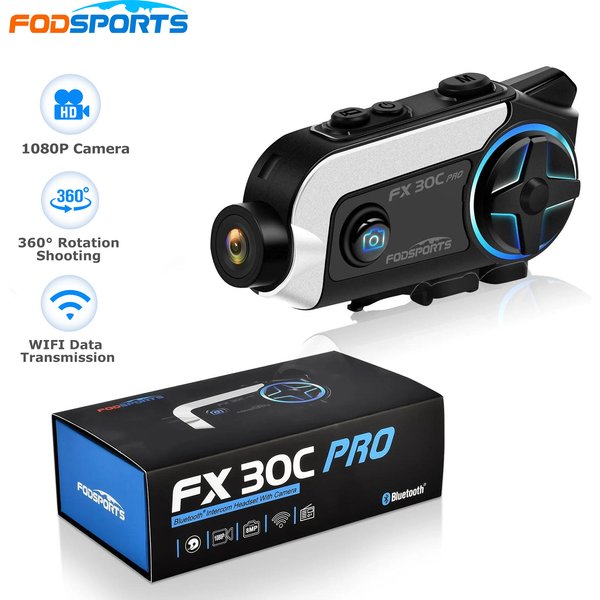 Fodsports FX30C Pro Motorcycle Intercom with Camera DVR Bluetooth Helmet Headset 2 Rider Music Share Video Record Moto Headphone