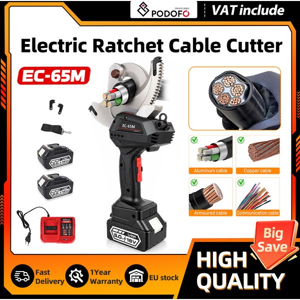 Kit de coupe-câbles électrique sans balais Podofo 18 V CC, 50 mm, 65 mm, ciseaux à câbles à cliquet ACSR, outil de coupe portatif pour électriciens, comprend 2 batteries et un chargeur.