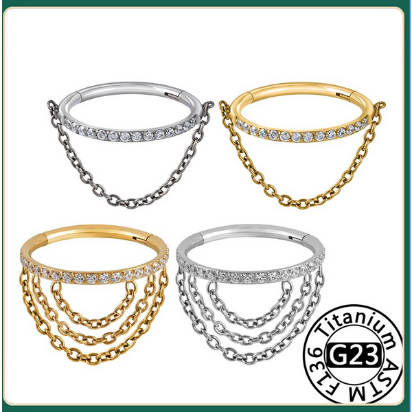 ASTM F136 anneau de nez en titane CZ segment de Clicker articulé avec chaîne Cartilage boucle d'oreille cerceau 8-12mm boucle d'oreille Helix Conch Piercing
