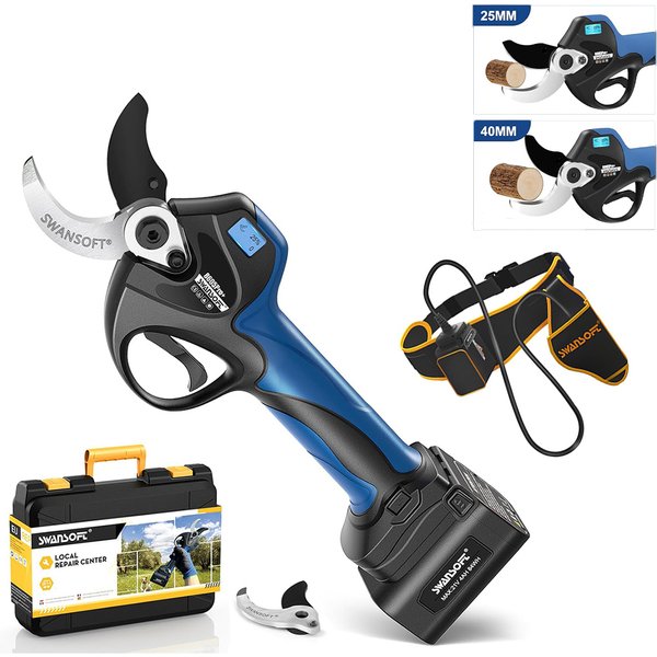 SWANSOFT 8605PRO Professionelle Akku-Astschere 40mm 21V 4Ah Akku 1050W Bürstenloser Motor Kabellose Astschere mit/ohne LCD-Display für Obstgarten, Weinberg, Olivenbaum
