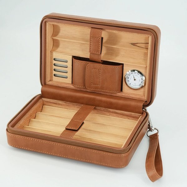 1 pièce, étui à cigares en cuir, portable, avec revêtement intérieur en bois de cèdre et hygromètre intégré, boîte à cigares portable multifonctionnelle.
