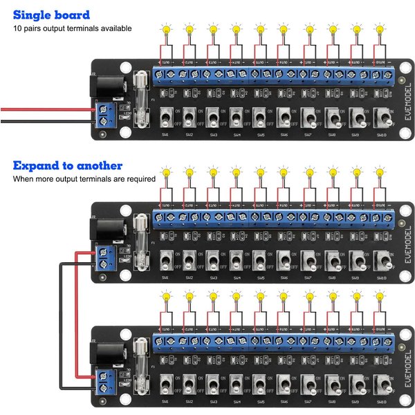 Evemodel Connecteur de module de distribution d'énergie CC 3 V-24 V 10 canaux avec interrupteur à bascule individuel PCB019L