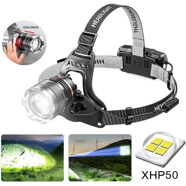 XGardens-Lampe frontale de sauna à capteur LED, étanche, aste, pêche, recherche, camping, lampe de poche, lanterne n'aime, 50