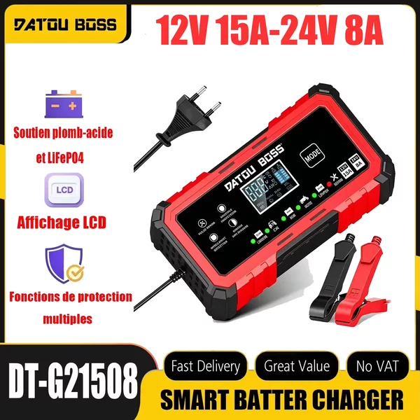 DATOUBOSS 12V/24V Intelligentes Ladegerät für Blei-Säure AGM GEL LiFePO4 Batterien Auto Motorrad LKW Ladegerät