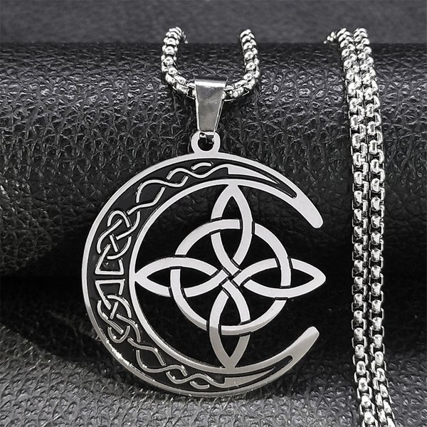 Colliers en acier inoxydable avec nœud celtique en forme de croissant de lune, amulette de protection de sorcière, bijoux Collier Luna N8145S1