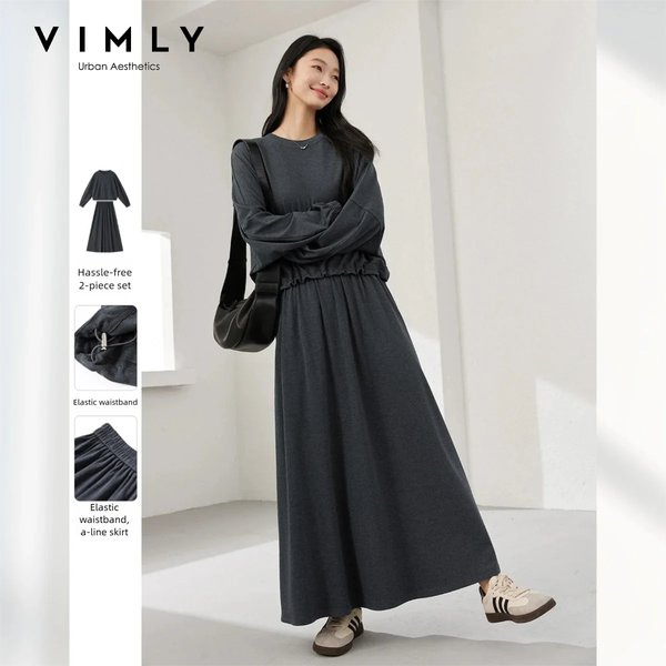 Ensemble deux pièces en maille gris foncé VIMLY, collection automne 2026, haut à col rond pour femme, jupe longue évasée taille haute, tenue assortie pour le bureau A0097
