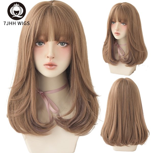 7JHH WIGS Long Wavy Brown Synthetic Wigs With Bang For Women Fashion Ombre Chocolate Daily Wear Crochet Bob Cosplay Hair
