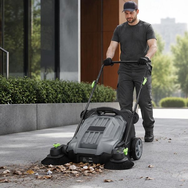 Manueller Bodenkehrer 111x65x106 cm Kohlenstoffstahl und PP-Material Grau und Schwarz mit 19-Liter-Mülleimer Zwei Geschwindigkeitsstufen Höhenverstellung