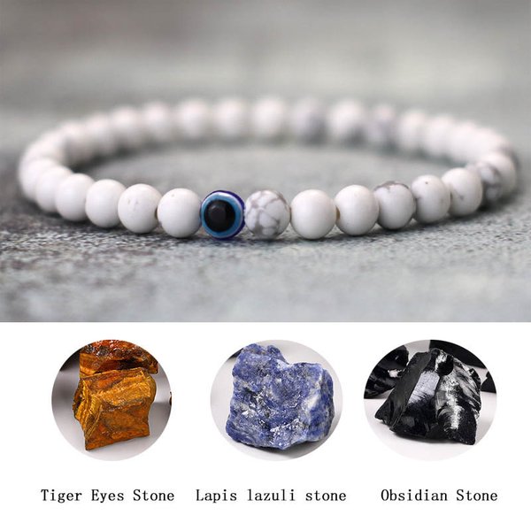 Noter Turkey-Bracelet Unisexe Minimaliste, Howlite Blanche Naturelle, Lapis Lazuli, Onyx Perlé, Accessoires Joias, Evil Eyes, 6mm