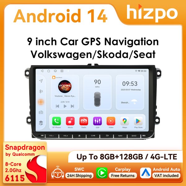 Autoradio Hizpo 9 pouces CarPlay Android Auto pour VW Volkswagen Golf Passat B6 B7 Skoda Seat Octavia Polo Tiguan RDS DSP GPS BT 4G